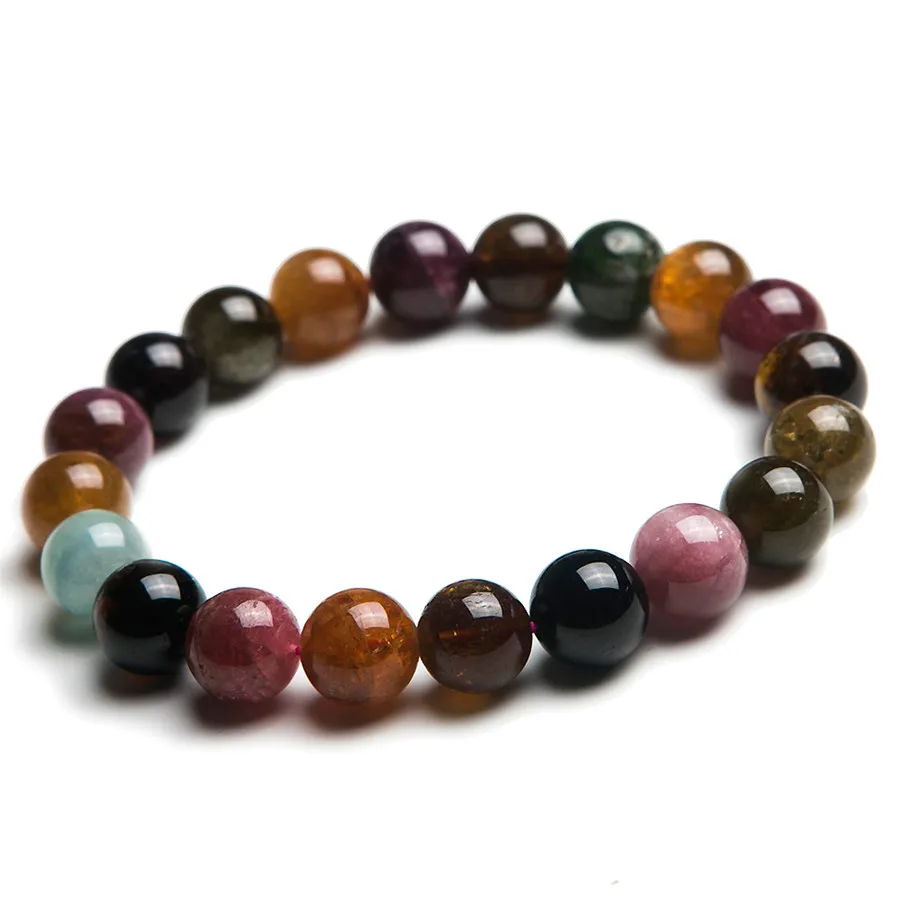 

Wholesale 10mm 100% Genuine Colorful Natural Tourmaline Bracelet Gemstone Crystal Stretch Round Bead Bracelet AAAAA For Women