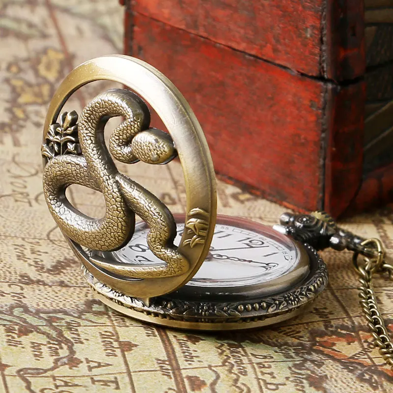 Montre de poche Vintage en Bronze, pendentif creux serpent du zodiaque chinois, Quartz, collier rรฉtro, horloge, cadeau pour enfants