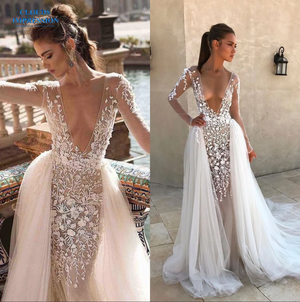 

Sexy 2019 Illusion Deep V neck Mermaid Wedding Dress Vestige De Noiva Bridal Dress Tulle Dress Real Price