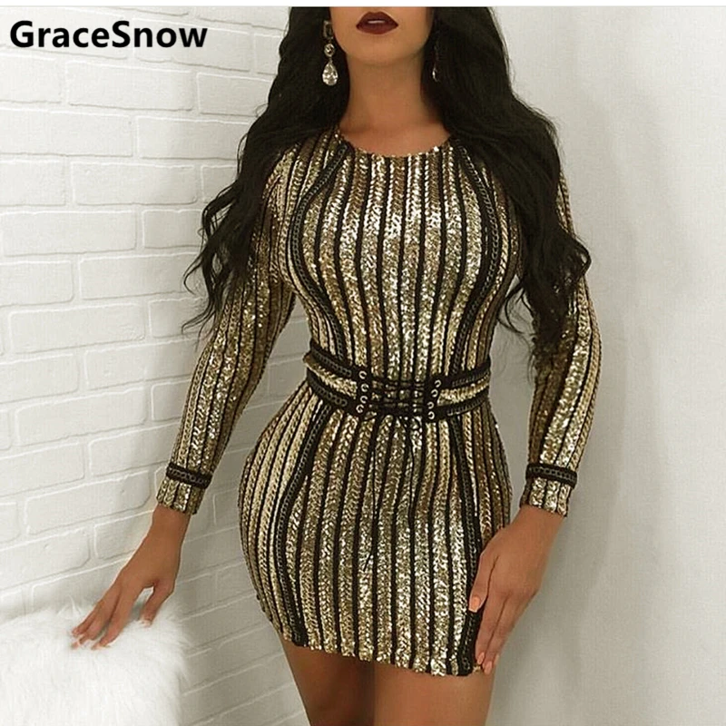 O neck Full Sleeved Sequined Belt Rope Party Dress Vestidos Bodycon