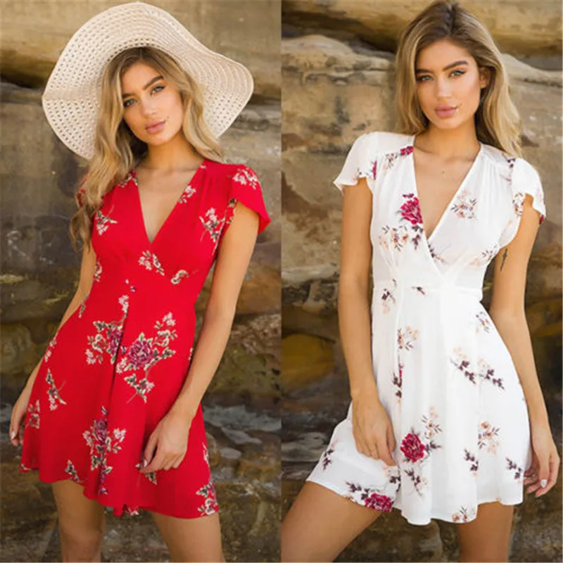 Womens Floral Printed Loose Mini Dress New 2018 Ladies V-Neck Summer Dresses Stylish Short Sleeve Evening Party Vestidos | Женская
