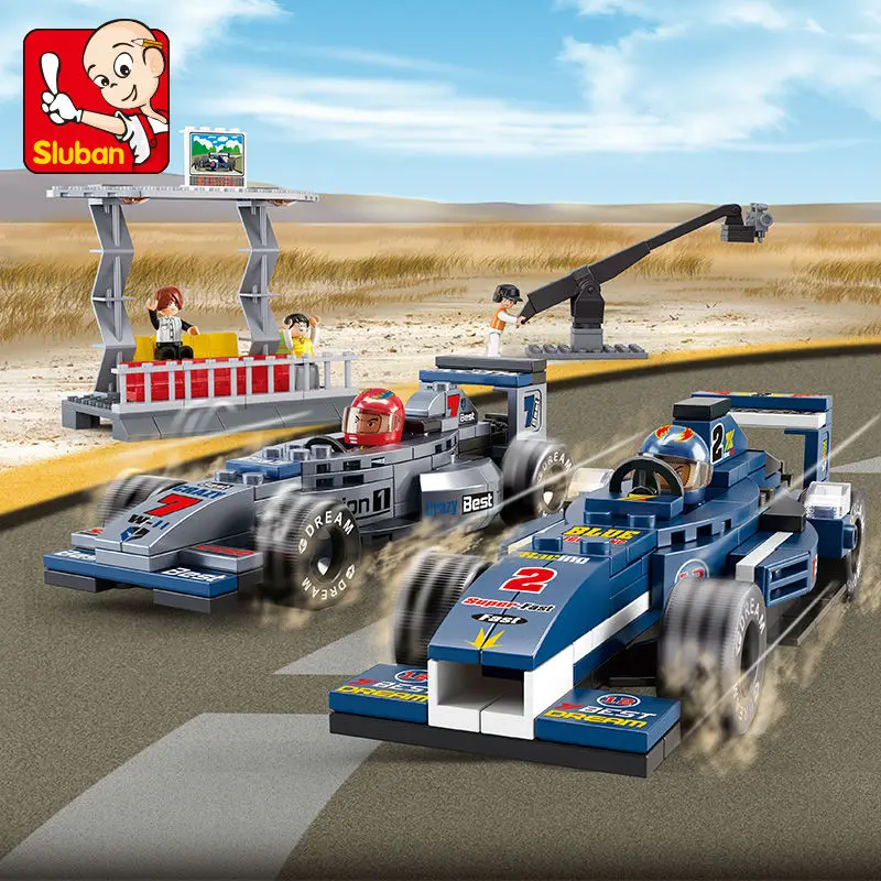 

SLUBAN 300pcs playmobil F1 Racing Car Model Building Blocks Set 3d Construction Diy Brick Toys educational toys For Children