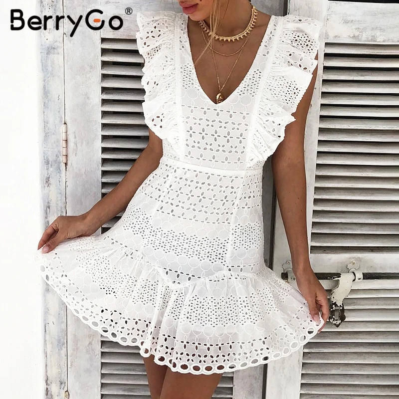 BerryGo, vestidos elegantes para mujer, vestido bordado con encaje d, vestido  blanco con volantes para verano, vestido Vintage sexy con cuello en V,  vestidos de fiesta Minivestido - AliExpress Ropa de mujer