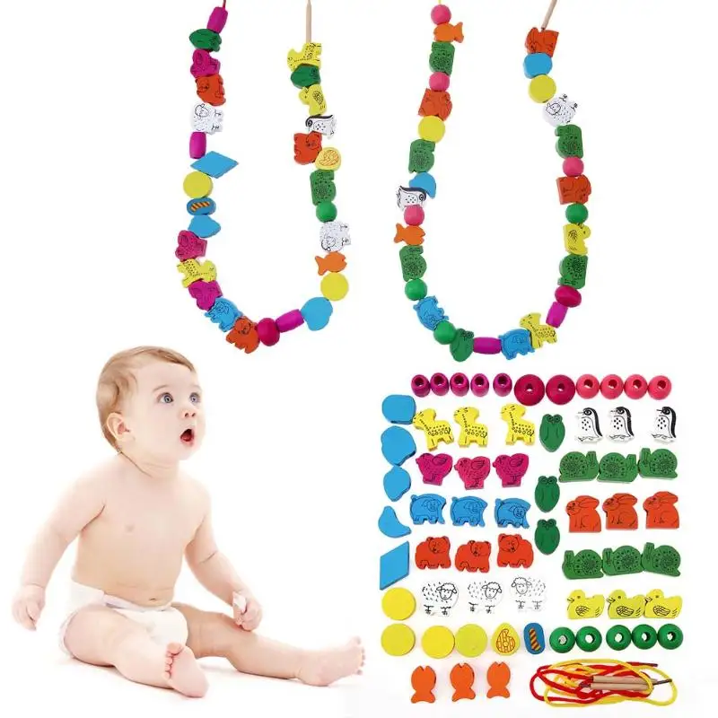 60pcs/lot Baby Wooden Toys Cartoon Animal Toys Stringing Lacing Wooden Threading Beads Game Education DIY Accessories Beads