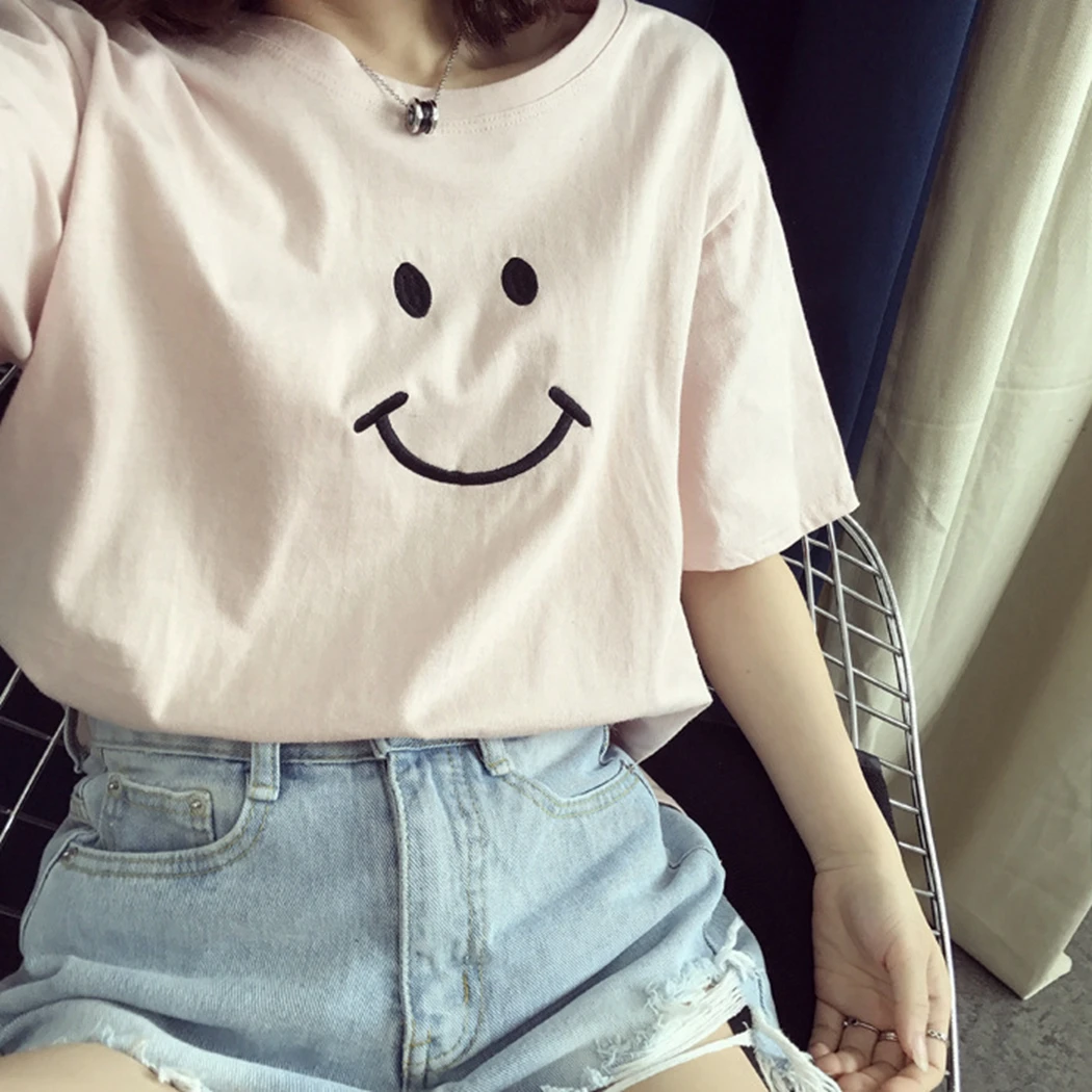 Sonrisa imprimir camiseta mujeres manga corta o-cuello camiseta verano Ladies casual camiseta sólida Tops camiseta Mujer Sonrisa imprimir camiseta mujeres manga corta o-cuello camiseta verano Ladies casual camiseta sólida Tops camiseta Mujer
