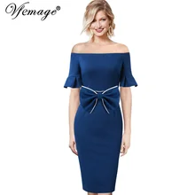 Vfemage женское сексуальное элегантное платье с открытыми плечами, с рюшами, с расклешенными рукавами, с поясом, с бантом, коктейльное, вечерние, облегающее платье-футляр, 369