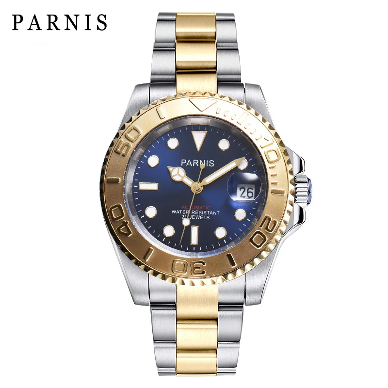 Parnis 40 мм синий с циферблатом механический мужские часы с автоматическим подзаводом керамический ободок браслет из нержавеющей стали водонепроницаемые мужские часы настенные часы - Цвет: gold blue