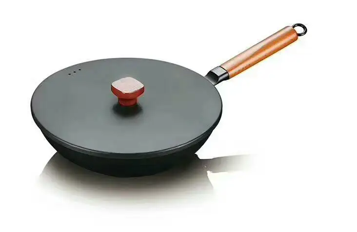 

30cm Black Healthy Non-stick Fried Pan Fine Iron Cooking Wok with Black Stainless Steel Cover Multi-purpose Pot with Wood Handle