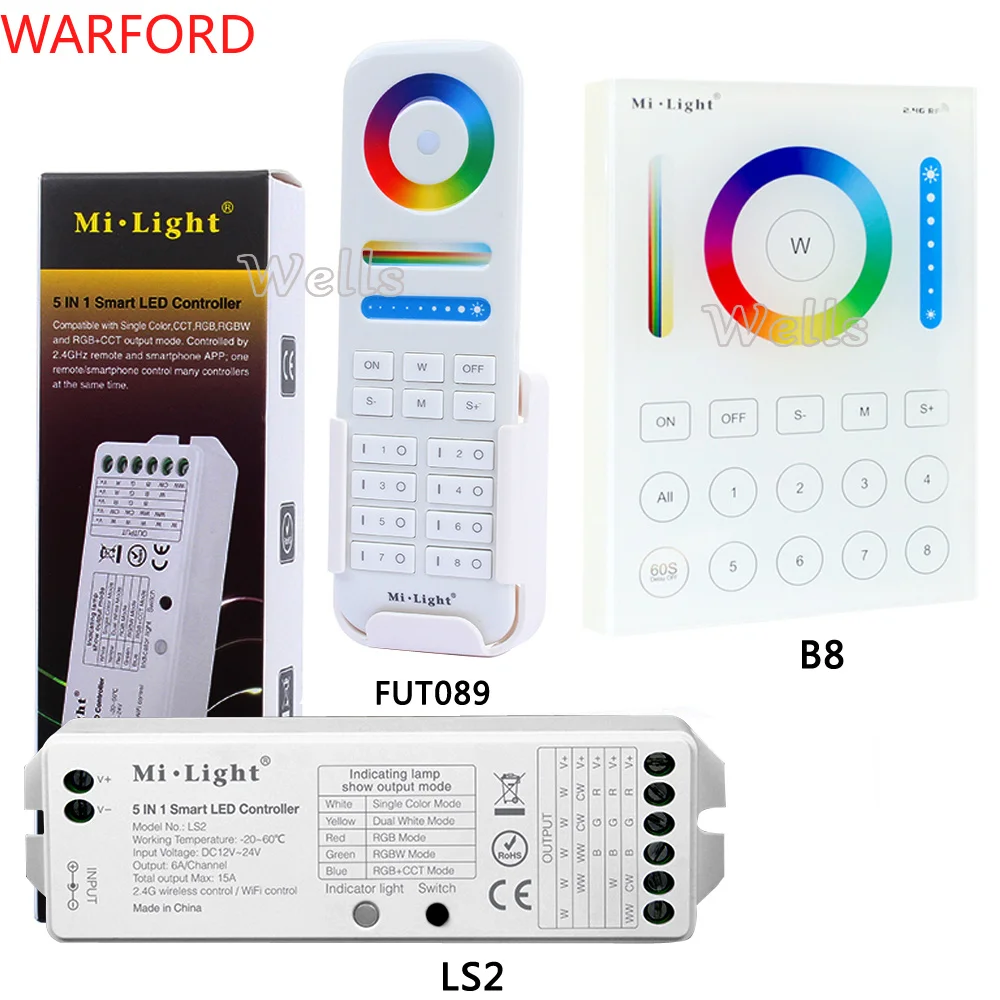 

B8 Wall-mounted Touch Panel;FUT089 8 Zone remote RF dimmer;LS2 5IN 1smart led controller for RGB+CCT led strip MiLight