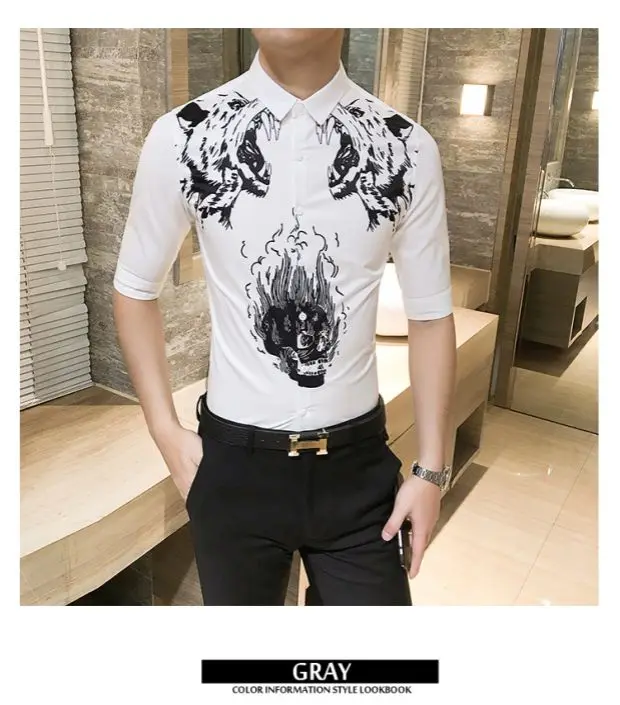 Новый летний ветер двойной Тигр для ночного клуба футболка с рисунком рукава мужской личности семь 1636P55 белая рубашка с длинными рукавами