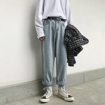 

2019 Spring Men's Fashion Wash Baggy Homme Classic Cargo Pocket Jeans Black/blue Color Casaul Pants Biker Denim Trousers M-2XL