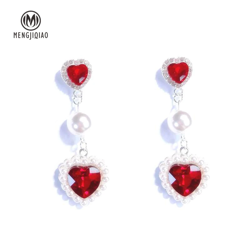 

MENGJIQIAO 2018 New Korean Fashion Crystal Heart Dangle Earrings For Women Party Accessories Simulated Pearl Boucle D'oreille