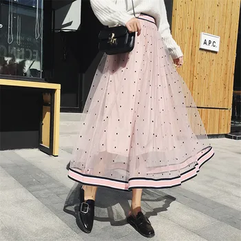 

New Spring Women Elastic High Waist Dots Striped Patchwork Long Skirt Female Tulle Mesh Maxi Skirt Princess Pleated Skirt