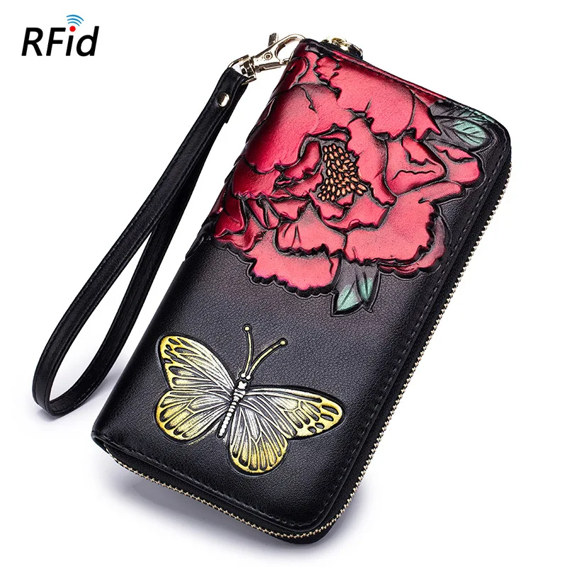 

FSINNLV 2018 Genuine Leather Flower Print Wallet Women Fashion Long Wallet Rfid Female Wallet Women Coin Purse Clutch Bag DC365