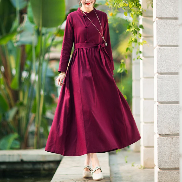 

Fashion 2019 New Women Dresses Casual Cotton Linen Summer Dress Long Sleeve V-Neck Loose Sashes Slim Solid Color Vintage Dress