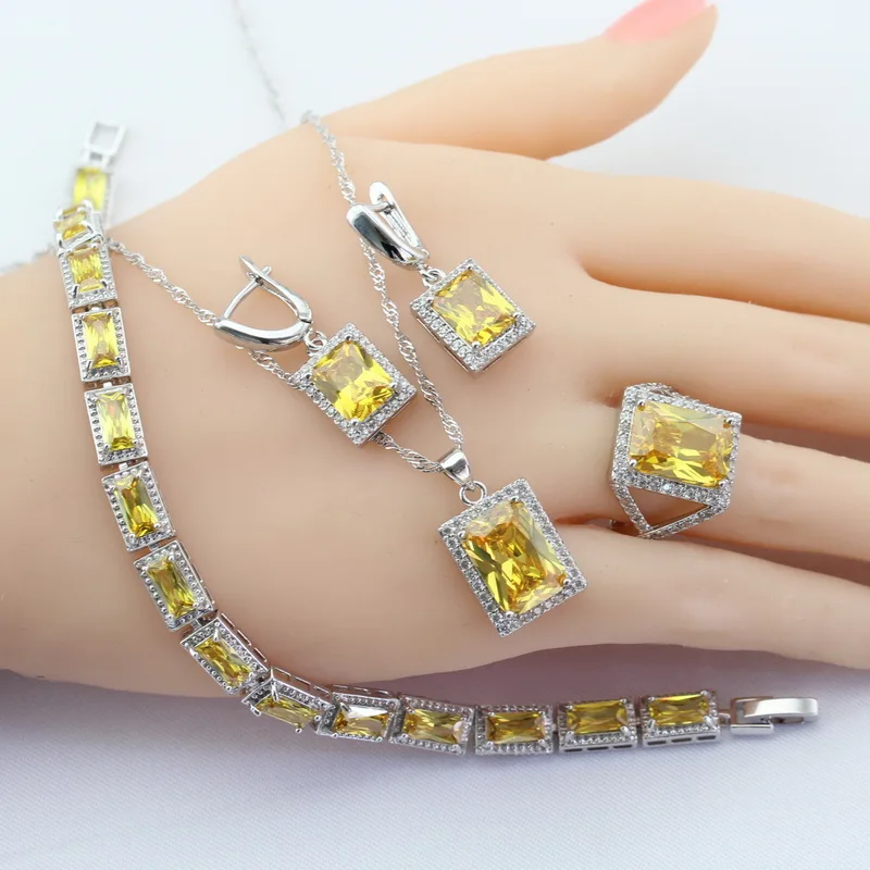 Серебро 925, ювелирные наборы для женщин, квадратный желтый кубический цирконий, ожерелье, подвеска, серьги, кольцо, браслет, подарочная коробка WPAITKYS