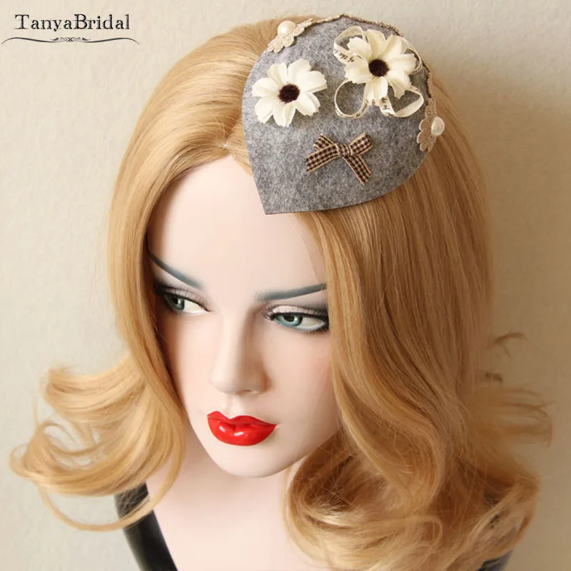 

Gray Vintage Small Hats Wedding Party Wear Elegant HairPieces Women Hats Formal Hair Accessories DH005
