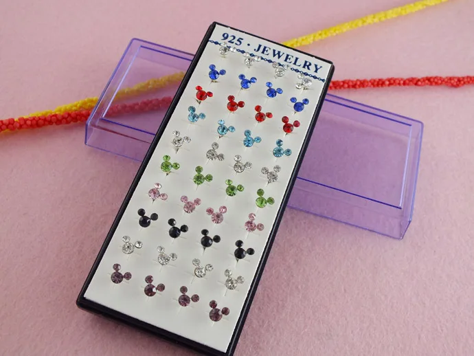 

H:HYDE 40pcs=20pair silver color 100% Shiny colourful Mickey Elegant woman For Christmas Crystal Stud Earrings Jewelry