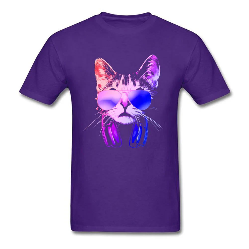 Adult 2018 Tops Shirt Crew Neck Mother Day 100% Cotton Fabric T Shirt Casual Short Sleeve Cool Neon DJ Cat Clothing Shirt Cool Neon DJ Cat purple