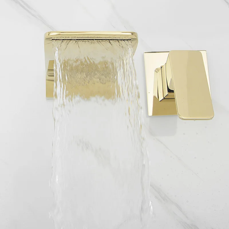 Wall Mounted Waterfall Bathroom Faucet Sold Brass Luxury Polish Gold Basin Water Faucet Hot & Cold Black & Rose & Brushed Gold
