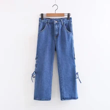 BONJEAN, европейский стиль, бандаж, Сплит, высокая талия, джинсы для женщин,, Новое поступление, модные синие повседневные свободные женские джинсовые штаны