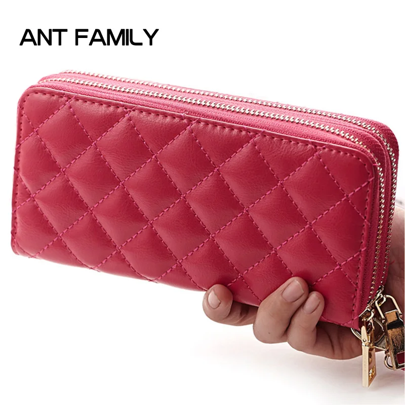 Genuine Leather Women Wallets Long Lattice Ladies Double Zipper Clutch Bag Big Capacity Purse