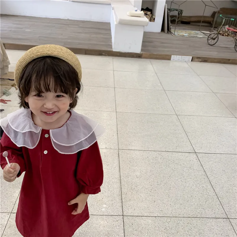 Корейский стиль Мода органзы Два слойный воротник с длинными рукавами платье принцессы милые хлопковые Свободные повседневные платья одежда