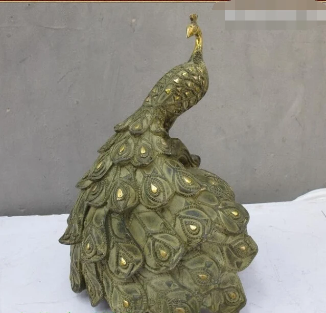 

10"China Bronze gild carved Feather Peacock Peafowl Incense Burner Censer