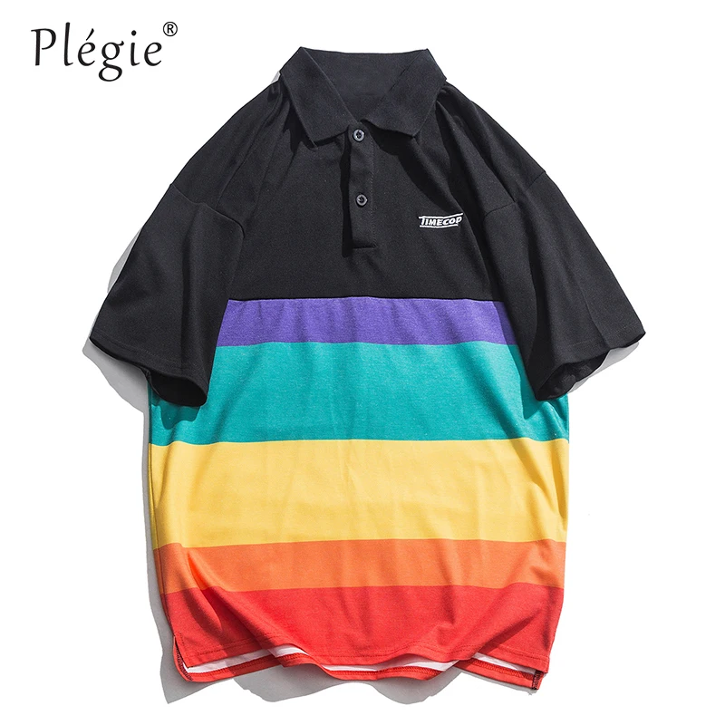 

Plegie Rainbow Stripe Turn-down Collar Polo Shirt Men 2019 Summer Letters Embroidery Striped Shirts for Men Male Top Tee