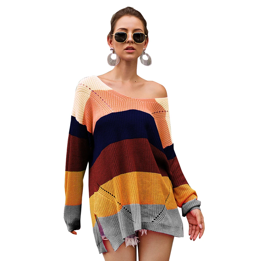 Женский осенний свитер в полоску, Радужный вязаный свитер с круглым вырезом и длинным рукавом, свободные женские свитера в Корейском стиле, женские пуловеры, топы VD30871 - Цвет: Beige