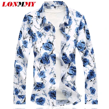 

LONMMY 5XL 6XL 7XL Floral shirts men dress Long sleeve flower blouses Hawaiian shirt men Cotton camisa masculina Slim fit Blue