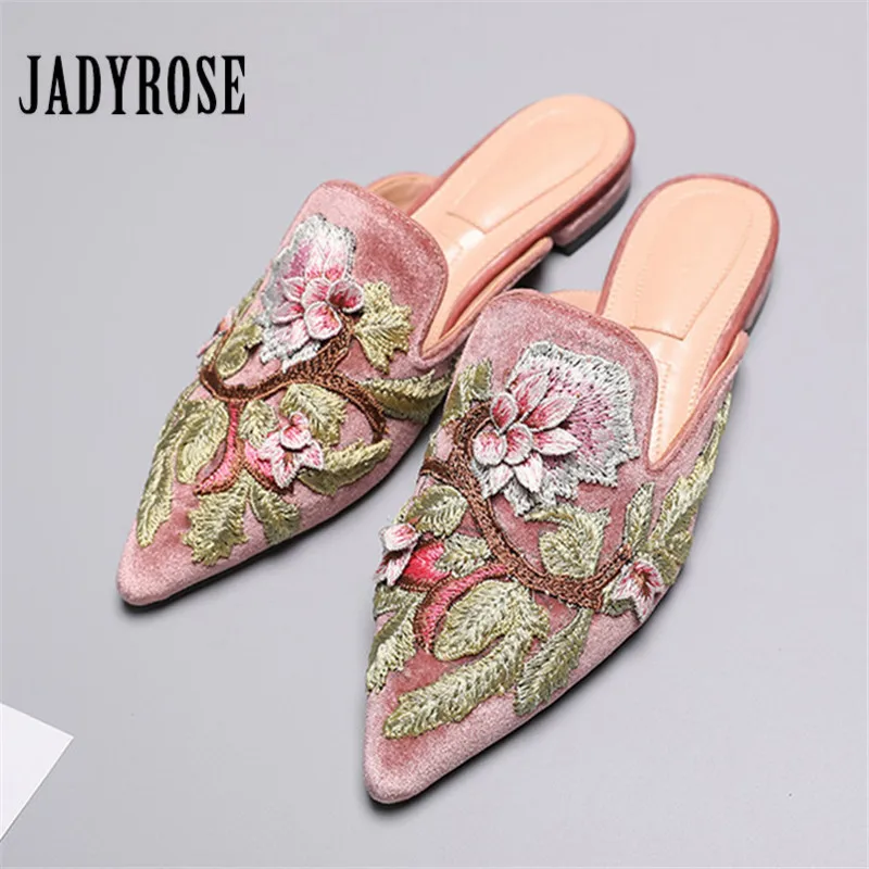

Jady Rose Fashion Pink Women Slippers Flower Embroidery Flat Shoes Woman Pointed Toe Mules Loafers Ladies Flats Outside Slides