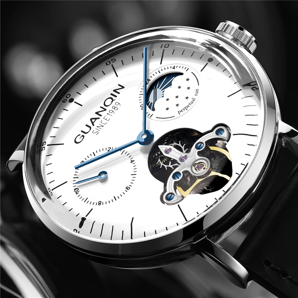 Мужские автоматические механические часы GUANQIN Tourbillon роскошные кожаные