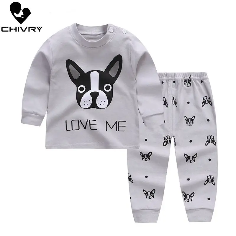 Baby Kids Boy Girl Cute Outfits Long Sleeve Bulldog Shirt Tops+Pant Clothes Set