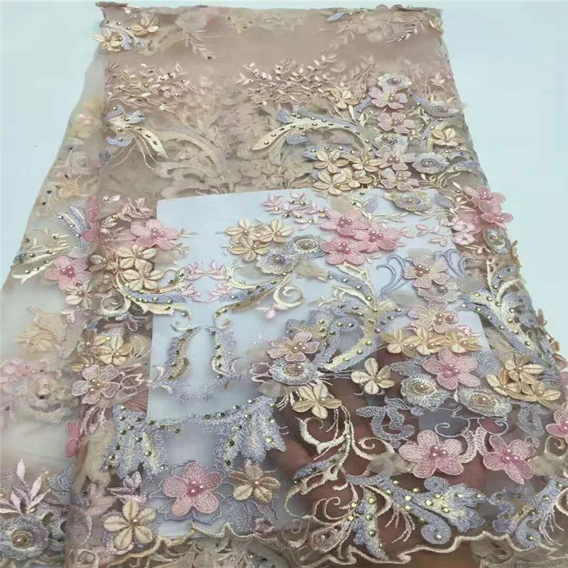 

High Quality Nigerian Lace Fabric 2018 With Beads African French Net Lace Fabrics 3D Flower Embroidered Tulle Mesh Lace H1305