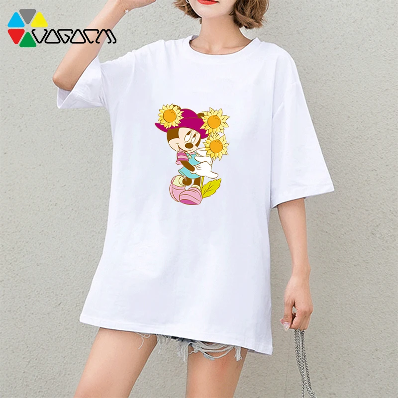 

2019 Summer T Shirt Mickey Mouse New Floral Anime Print Short Sleeve Harajuku Casual Cotton Plus Size T-Shirts Women Tops Wear