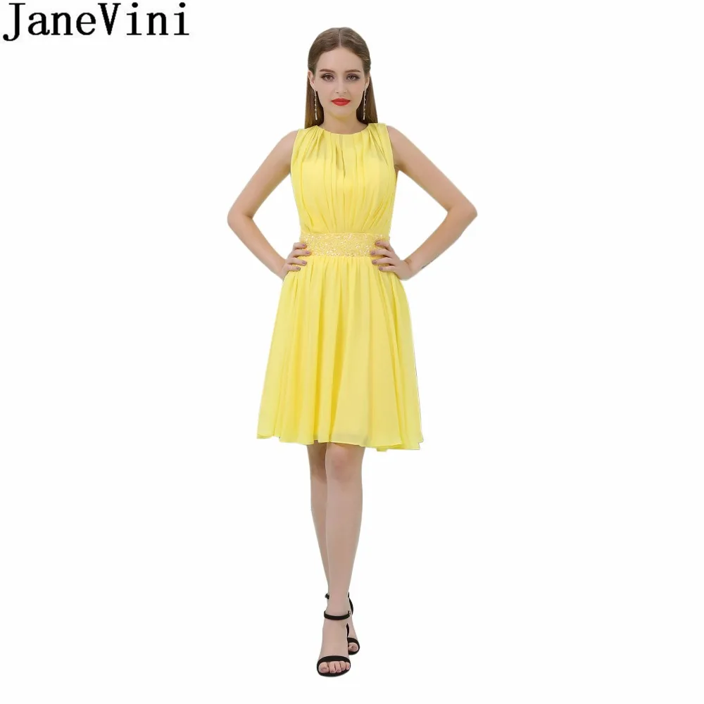 JaneVini In Voorraad Geel Chiffon Korte Bruidsmeisje Jurken 2018 Kralen Pailletten Meisjes Prom Jurk Knielengte Wedding Partij Jassen JaneVini In Voorraad Geel Chiffon Korte Bruidsmeisje Jurken 2018 Kralen Pailletten Meisjes Prom Jurk Knielengte Wedding Partij Jassen