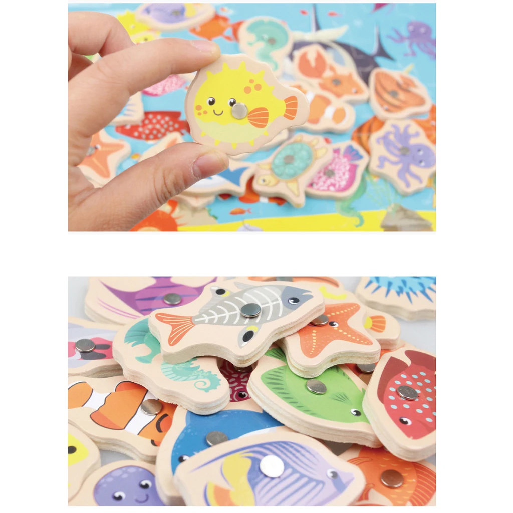 3 in One Magnetic Fishing Game Toy, 20 Wooden Fish Animal Model & 2 poles with Ocean Jigsaw Puzzle Board Educational Pretend Toy