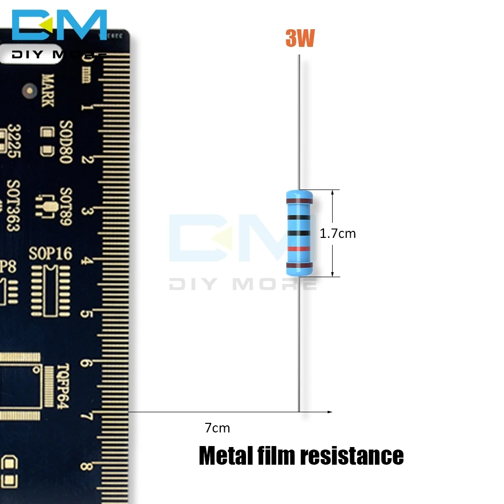 100 шт. металлического пленочного резистора 3W 1R-1M Ohm Сопротивление 1R 2.2R 4.7R 5.1R 10R 20R 22R 47R 1%+ 1%-1% Diy Электронный резистор