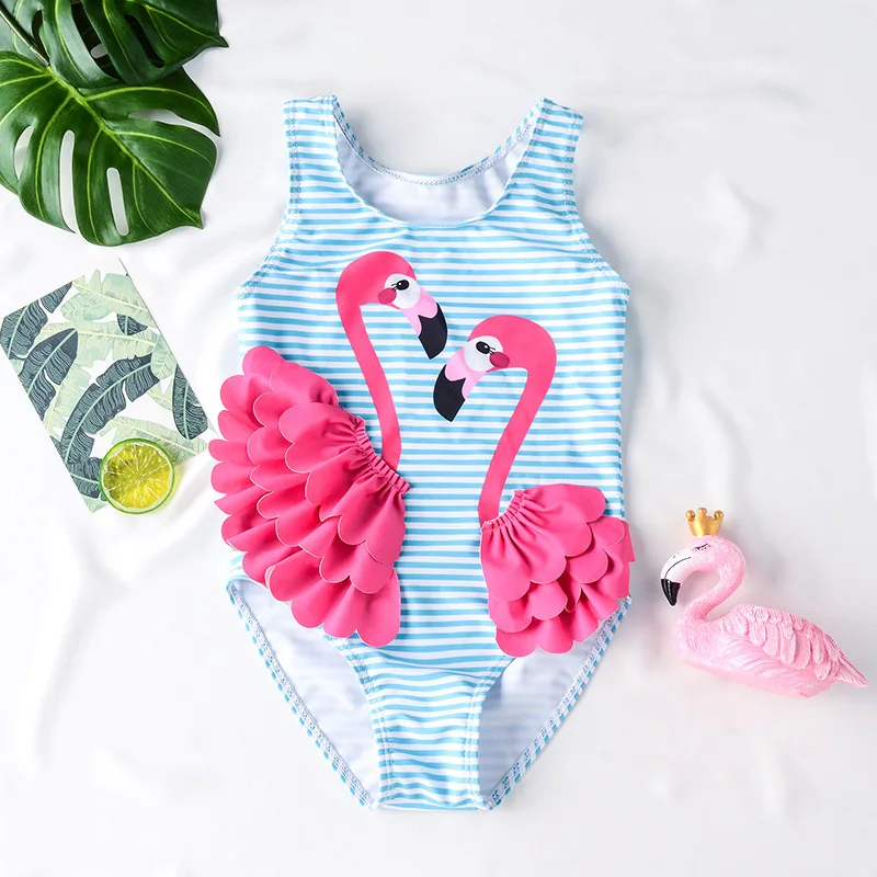 

3D Flamingo Baby Girl Swimsuit One Piece Kids Swimwear Cartoon Infant Girl Swim Wear Striped Toddler Girl Bathing Suit Beachwear