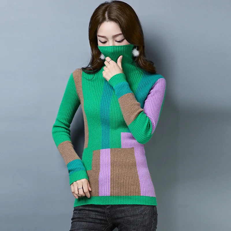 Brand Sweater Fall Winter Women Short New Irregular Hit Color Knit Turtleneck Slim Casual Pullover | Женская одежда
