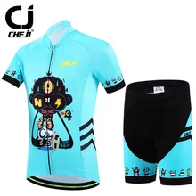 Cheji New 2016 Kids Cycling Jersey Suit Summer Children Bike Clothing Set Cute Blue Printed Bicycle