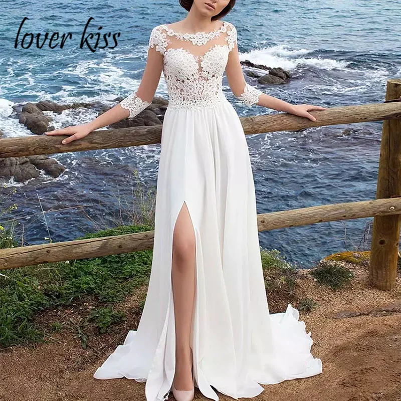 

Lover Kiss Vestido De Noiva Beach Bohemian Slit Wedding Dresses 3/4 Sleeve Chiffon Sheer Neck Appliques Long Bridal Gowns 2019