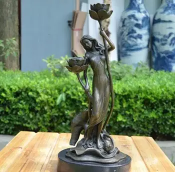 

35cm West Bronze Marble Girl Candleholder Candlestick Pair Art Deco Sculpture