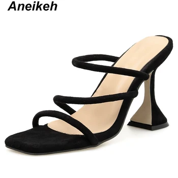 

Aneikeh 2019 New Sexy Fashion Summer Flock High Heels Slippers Open Toe Heels Mules Women's Shoes Slippers PU Size 35-41 Black