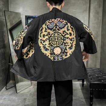 

LOLDEAL Summer Shirt Chinese Style Carp Crane Printing Kimono Cardigan Men Shirt Hip Hop Streetwear Shirt Men Cloak Shirt