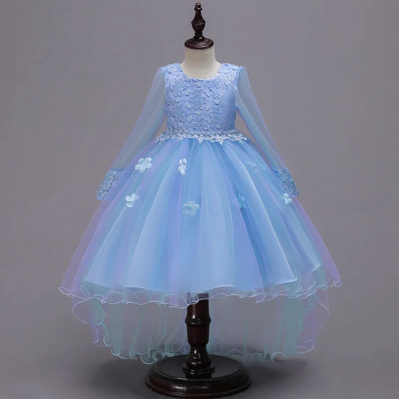 Детская прозрачными рукавами вечернее со шлейфом платье девочек Бисер кружевное платье принцессы; милые свадебные Платья для младенцев