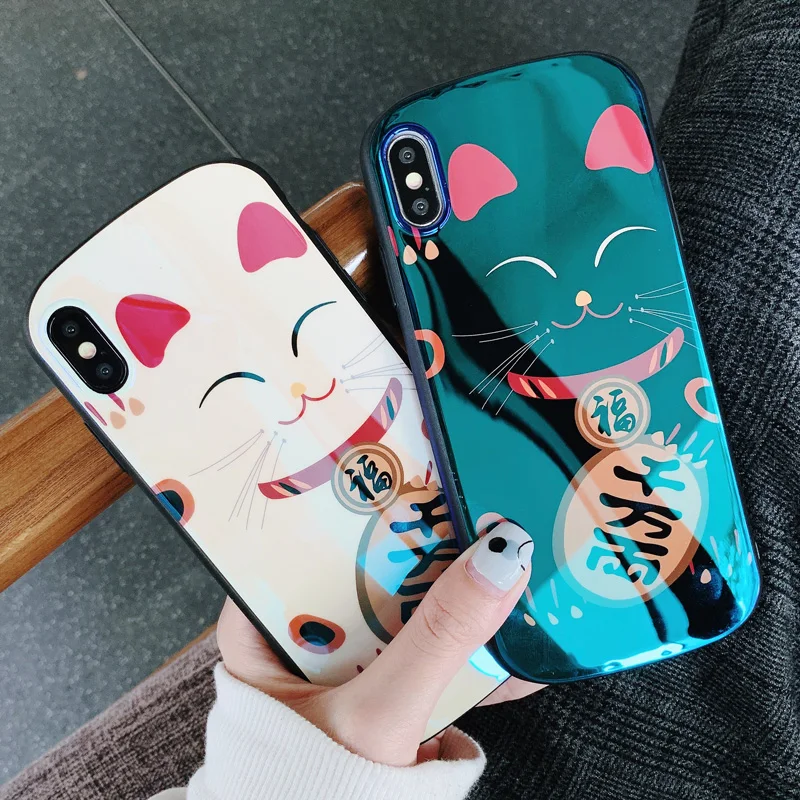 

For iphone XS max Fortune Cat Shield Case, blue ray Lucky Cat Soft cover For iphone 8plus 8 X XR 6 6s 6sp 7 7P Maneki Neko Shell