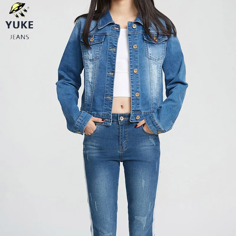 YUKE стиль джинсовая куртка для девочек девушка вышитые отверстия джинсовая куртка женские джинсовые Костюмы, пальто, От 10 до 14 лет I33869-8 - Цвет: Синий