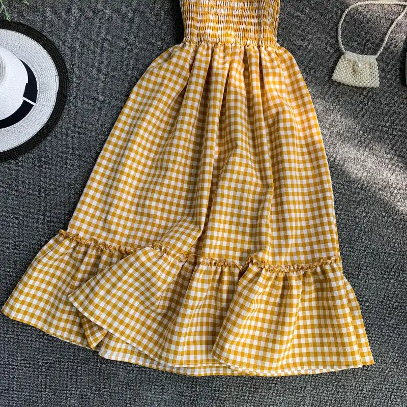 Slim Ladies Ruffles Vintage Plaid Print 2020 Sexy Summer Midi Dress Party Spaghetti Strap Women Casual Beach Elegant Vestidos